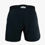 Back view of black athletic shorts with an elastic waistband and a white addos logo patch in the center back.