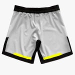 Back view of light gray athletic shorts featuring a black waistband, black side panels, and vibrant neon yellow stripes near the bottom hem.