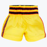 Bright yellow Addos boxing shorts with a striped black, red, and yellow elastic waistband, shown against a plain white background.