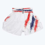 White Addos Muay Thai shorts with red and blue brushstroke graphics on a plain white background.