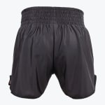 The back view of a pair of black satin Muay Thai shorts featuring a thick gathered elastic waistband, isolated on a plain white background.
