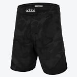 A front view of black and dark grey camouflage athletic shorts with a hook-and-loop waistband featuring the addos logo.