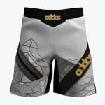 A pair of white and grey athletic fight shorts with a black waistband, featuring a detailed mountain graphic and gold addos branding.