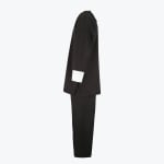 Side view of a black martial arts uniform featuring a long-sleeved tunic with white cuffs and matching black pants on a white background.