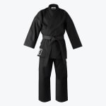 An Addos black karate uniform consisting of a jacket, pants, and a tied black belt on a white background.