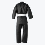 The back view of a black martial arts uniform consisting of a jacket and pants, tied with a white belt, isolated on a white background.