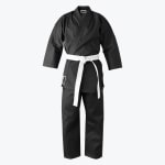 A front-facing studio shot of a black martial arts gi with a white belt tied around the waist.
