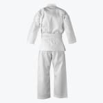 The back view of a white martial arts uniform with a jacket, white belt, and pants, isolated on a white background.