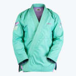 A mint green Addos BJJ gi jacket with pastel purple accents, star embroidery on the sleeve, and a purple interior lining, shown against a white background.