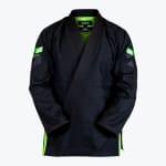 Front view of a black Addos BJJ gi jacket with vibrant lime green accents on the inner collar, sleeves, and side vents.