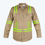 A khaki long-sleeve button-up work shirt with high-visibility yellow and silver reflective stripes on the shoulders, waist, and sleeves.