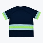 Navy blue short-sleeved safety t-shirt with horizontal reflective silver and neon green stripes across the chest and matching bands on the sleeves, set against a white background.