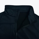 Close-up of a dark navy blue high-collar jacket, partially unzipped, showing the zipper and fabric texture.