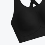 Close-up of a black high-support sports bra with molded cups and adjustable straps against a white background.