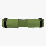 An olive green foam barbell pad with a contoured center and two black velcro straps on either end, isolated on a white background.