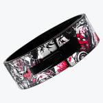 A white weightlifting lever belt decorated with black and red Japanese Oni and Samurai artwork, complete with a black lever buckle.