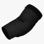 A black ribbed compression sleeve with an oval cutout at the joint, displayed against a solid white background.