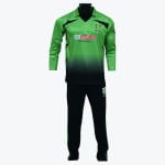 A mannequin displaying a cricket uniform with a lime green and black gradient long-sleeve shirt and matching black pants with green side stripes.
