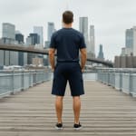 Rear view of a man in a navy blue t-shirt and cargo shorts standing on a wooden pier overlooking a city skyline with bridges.
