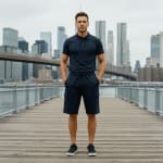 A man in a navy blue polo shirt and matching cargo shorts stands on a wooden pier with a city skyline and bridge in the background.
