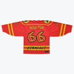 Back view of a red hockey jersey with the name WAXTER and number 66 in yellow, and COBRA KAI printed at the bottom.