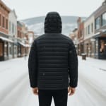 Back view of a person in a black hooded puffer jacket standing on a snow-covered street in a town.