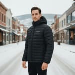 A man in a black hooded puffer jacket standing on a snow-covered street in a mountain town.