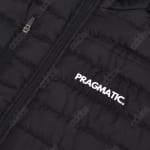 A close-up of a black quilted jacket with the word PRAGMATIC. printed in bold white letters on the chest.