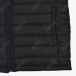 Close-up of a black quilted puffer vest with horizontal baffles, a side pocket, and a front zipper.