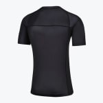 Back view of a tight-fitting black short-sleeve compression shirt with flatlock seams.