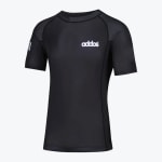 A black short-sleeve rash guard with the white addos logo on the left chest and two white stripes on the right sleeve, set against a plain white background.
