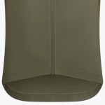 Close-up of the bottom hem and central zipper of an olive green cycling jersey, showing the curved hemline and textured inner elastic band.
