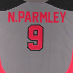The back of a grey sports jersey with the name N. PARMLEY and the number 9 in red.