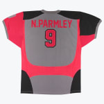 The back of a grey, red, and black sports jersey with the name N. PARMLEY and the number 9 in red.
