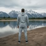 Back view of a man in a grey tracksuit standing on a sandy beach looking at a calm lake and snow-capped mountains.