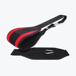 A black and red padded dipping belt with a heavy-duty strap and carabiner clips, shown against a plain white background.