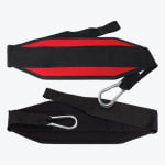 Two dip belts, one red and black and one solid black, with silver carabiners on a white background.