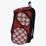 A red and black athletic backpack with two front pockets decorated with a red and white scalloped pattern, set against a plain white background.