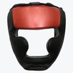 Front view of a black and red boxing headguard with cheek protectors on a white background.