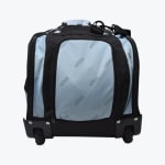 A light blue and black Addos rolling duffel bag with two wheels at the bottom.