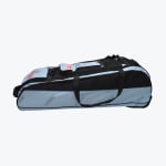 A light blue and black Addos cricket kit bag with multiple compartments and carrying straps, shown from a side angle against a plain white background.