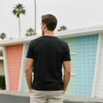 Back view of a man wearing a plain black t-shirt and beige pants, standing in front of a colorful mid-century modern building.