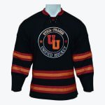 A black hockey jersey with red and orange stripes on the sleeves and hem, featuring a circular logo in the center that says Utica-Fraser Unified Hockey with interlocking Us.