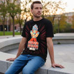 A man sitting on a concrete ledge wearing a black graphic tee with a Super Saiyan Goku print and blue jeans.