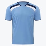 Front view of a light blue short-sleeved sports jersey with dark blue and white diagonal stripes on the shoulders, set against a plain white background.