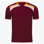 A short-sleeved maroon sports jersey with yellow and white shoulder stripes, a yellow v-neck collar, and yellow sleeve trim, set against a plain white background.