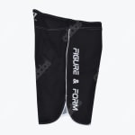 Side view of black athletic board shorts featuring the text FIGURE & FORM printed vertically in white, with white piping along the curved side slit.