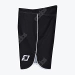 Side view of black athletic fight shorts with white piping on the side seam and hem, featuring a white geometric logo on the lower left.