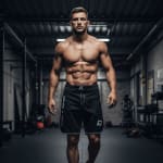 A muscular, shirtless man with defined abs and a serious expression stands in a gym wearing black athletic shorts.