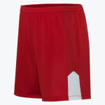 A pair of red athletic shorts with an elastic waistband and a white geometric accent panel on the lower side, set against a plain white background.